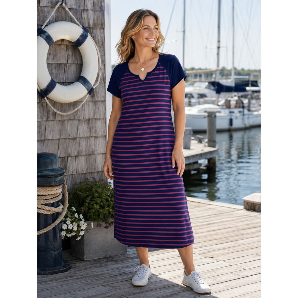 84. Eddie Bauer Outdoor L Navy Red Striped Raglan Sleeve Pocket T-Shirt Dress